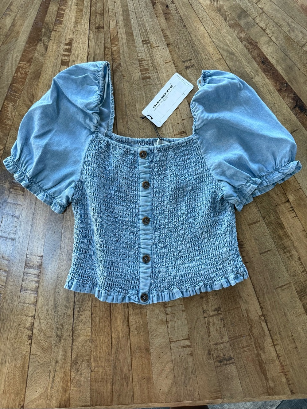 Love Tree Light Blue Smocked Puff Sleeve Crop Top